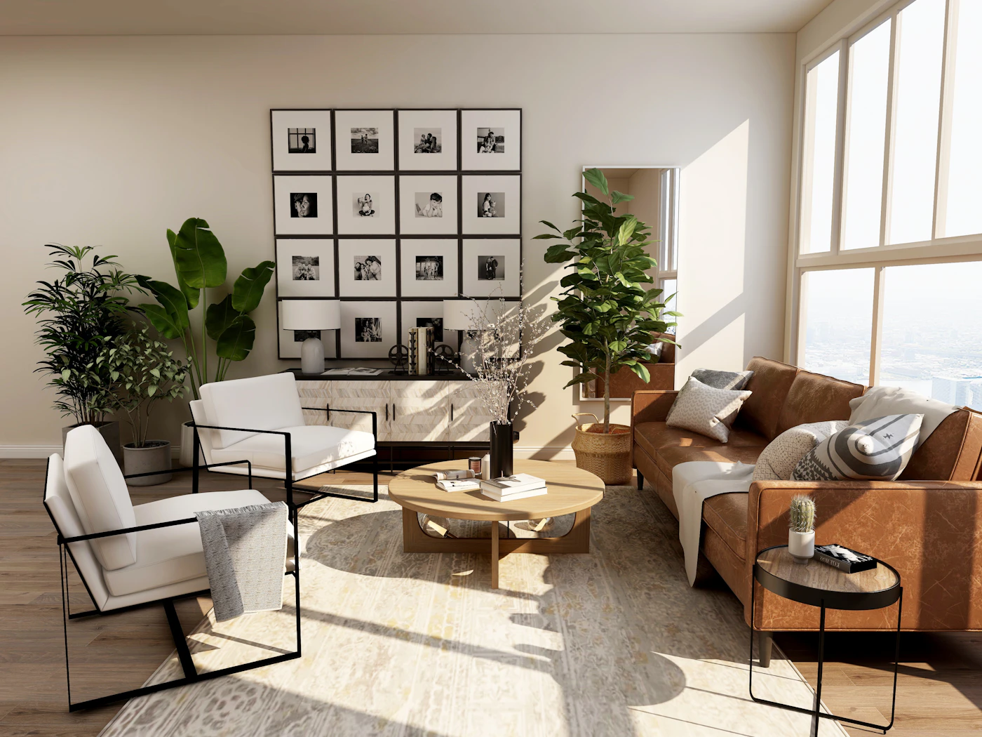 An airy living room with sofas, plants and a coffee table